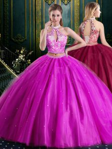 Clearance Halter Top Floor Length Fuchsia Quinceanera Gowns Tulle Sleeveless Beading and Lace and Appliques