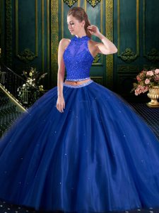 High-neck Sleeveless Lace Up Ball Gown Prom Dress Navy Blue Tulle