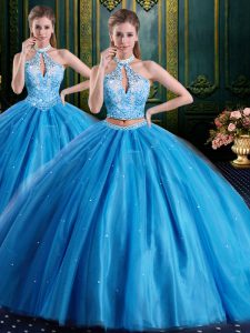 Attractive Baby Blue High-neck Neckline Beading and Appliques 15th Birthday Dress Sleeveless Lace Up