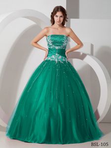 Strapless Turquoise Appliques and Beading Quinceanera Dress