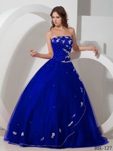 Royal Blue Strapless Floor-length Appliques Quinceanera Dresses