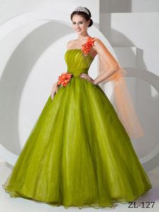 A-line One Shoulder Organza Hand Made Flowers Prom Dress in Lille France