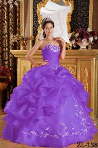 Purple Strapless Quince Dress Embellished White Appliques with Ruffles