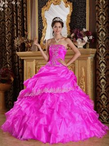 Strapless and Ruffles Dress for A Quince with White Appliques in Fuchsia