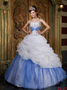 Beading and Ruffles Dress for Sweet 16 Quinceanera in White and Blue