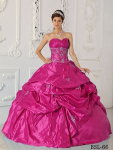 Hot Pink Ball Gown White Appliques Sweet Sixteen Dresses to Floor