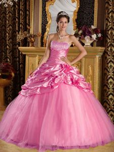 Rose Pink Ruche Beading and Handle Flowers for Sixteen Dresses