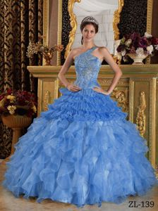 Blue Asymmetrical One Shoulder Beading Dresses for Quinceanera