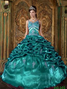Spaghetti Straps Beading Quinceanera Dress in Turquoise with Ruffles
