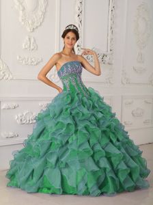 Green Beading and Appliques Quinceanera Dresses with Pieces Ruffles