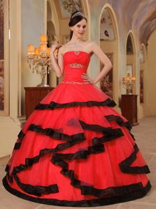 Red Ball Gown Appliques Dresses for Quinceanera with Black Hemline