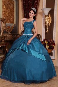 Teal Ball Gown One Shoulder Organza Beading Quinceanera Dress
