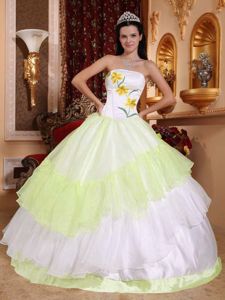 Yellow Green and White Ball Gown Embroidery Quinceanera Dresses