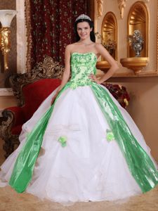 White and Green Ball Gown Beading and Appliques Dress for Quince