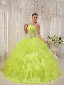 Beaded Yellow Layered Quinceanera Dresses with Flowers in Huntly