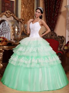 Layered Appliqued Spaghetti Straps Quinces Dress in Light Green
