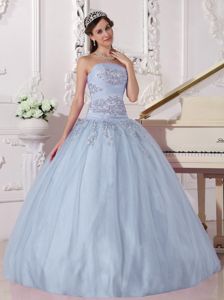 Taffeta and Tulle Light Blue Beading Strapless Quinceanera Dress