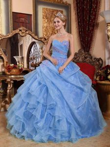 Light Blue Appliques Sweetheart Organza Ruched Quinceanera Dress