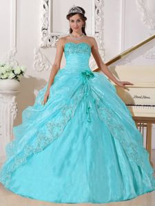 Ruched Embroidery Aqua Blue Quinceanera Gown Beaded in Yate Avon