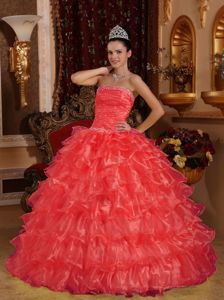 Coral Red Organza Beaded Strapless Sweet 15 Dress in Chew Magna