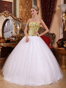 Tulle White Strapless Quinceanera Dress with Gold Sequins Cheap