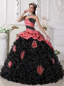 Red and Black Sweetheart Bead Rolling Flowers Quinceanera Dress