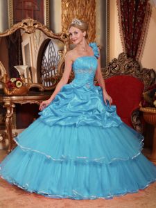 Aqua Blue One Shoulder Beads Dress For Quinceanera with Pick-ups