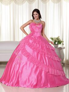 Hot Pink Taffeta Strapless Dress For Quinceanera with Embroidery