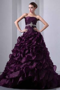 Beaded Dark Purple Taffeta and Organza Quinceanera Dress Ruffled