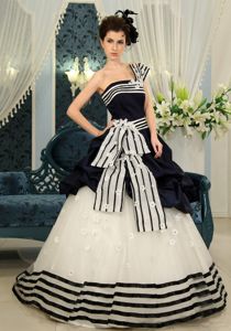 Organza Navy Blue And White Pick-ups Quinceanera Gown in Selkirk
