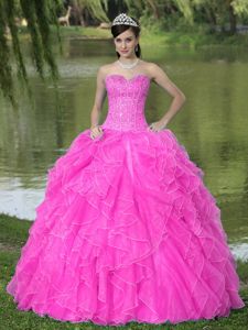 Beaded Sweetheart Ruffles Hot Pink Quinceanera Gown in Wallduern