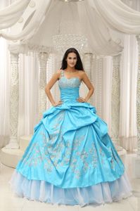 Aqua Organza Quinceanera Dress with Embroidery and One Shoulder