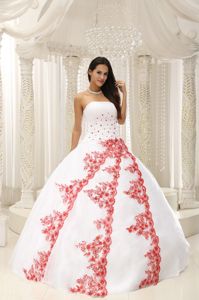 White Chic Sweet Sixteen Quinceanera Dresses with Red Embroidery
