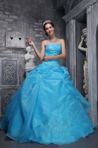 Taffeta and Organza Appliques Aqua Blue Quinceanera Gown on Sale