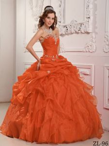 Beaded Organza Orange Red Ruffles Layered Quinceanera Dress 2013