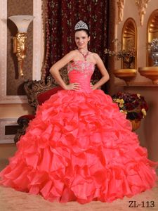 Appliques Coral Red Organza Quinceanera Dresses Beaded in Lorch