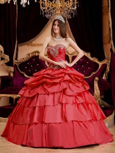 Coral Red Taffeta Sweetheart Sweet Sixteen Dress with Appliques