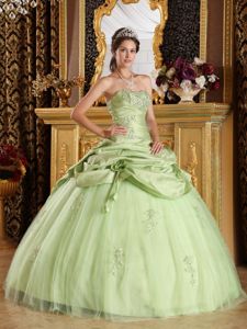 Beaded Yellow Green Tulle and Taffeta Quinceanera Dress on Sale