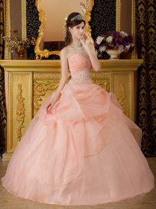 Pink Strapless Organza Quinceanera Dress with Beading for Cheap