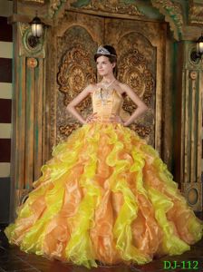 Golden Organza Ball Gown Sweet Sixteen Dresses with Ruffles 2014