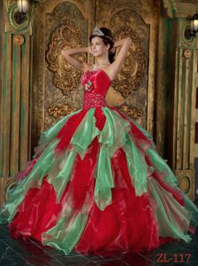 Organza Red Beading Strapless Ruffled Quinceanera Gown in Alzey