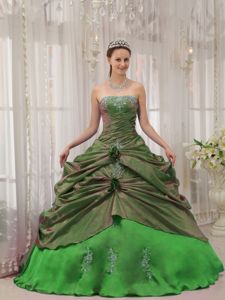 Appliques Green Taffeta Sweet Sixteen Dresses with Pick-ups 2013