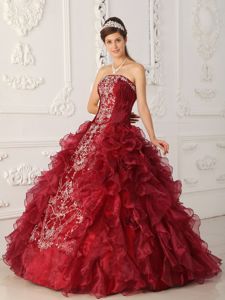 Wine Strapless Embroidery Sweet Sixteen Dresses in Atmore with Ruffles