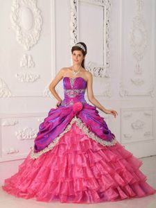 Fuchsia Strapless Lace and Appliques Quince Dresses in Andalusia