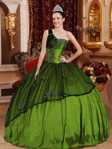 Olive Green One Shoulder Dress For Quinceaneras with Beads and Appliques