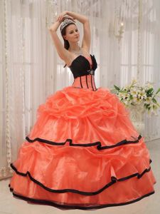 Strapless Beading Style Dress For Quinceaneras with Orange and Black Ruffles