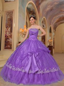 Purple Strapless Bowknot Sequins and Organza Sweet Sixteen Dresses in Eufaula