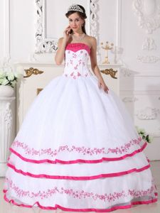 Embroidery for White and Hot Pink Beaded Quinceaneras Dress in Dadeville