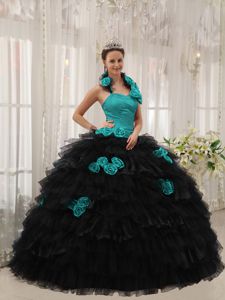 Teal and Black Halter Quince Dresses in Crane Hill with Flowers Decorate