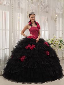 Halter Taffeta and Organza Flowers for Quinces Dresses in Red and Black
